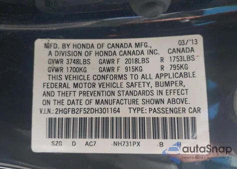 2013 Honda Civic Lx from USA, damaged, VIN 2HGFB2F52DH301164